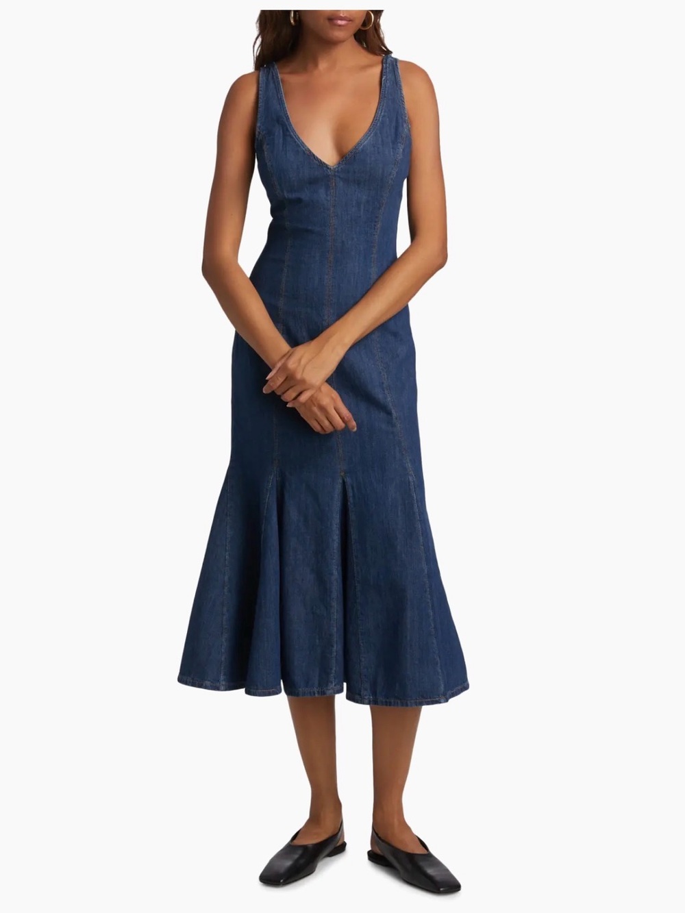 Reformation Serafina Denim Midi-Dress in a dark blue wash plunging neckline